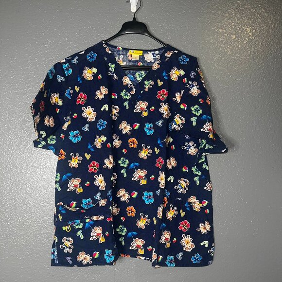 WonderWink 3X Scrub Top Navy Monkey Beach Print V-Neck Pockets - Picture 1 of 4